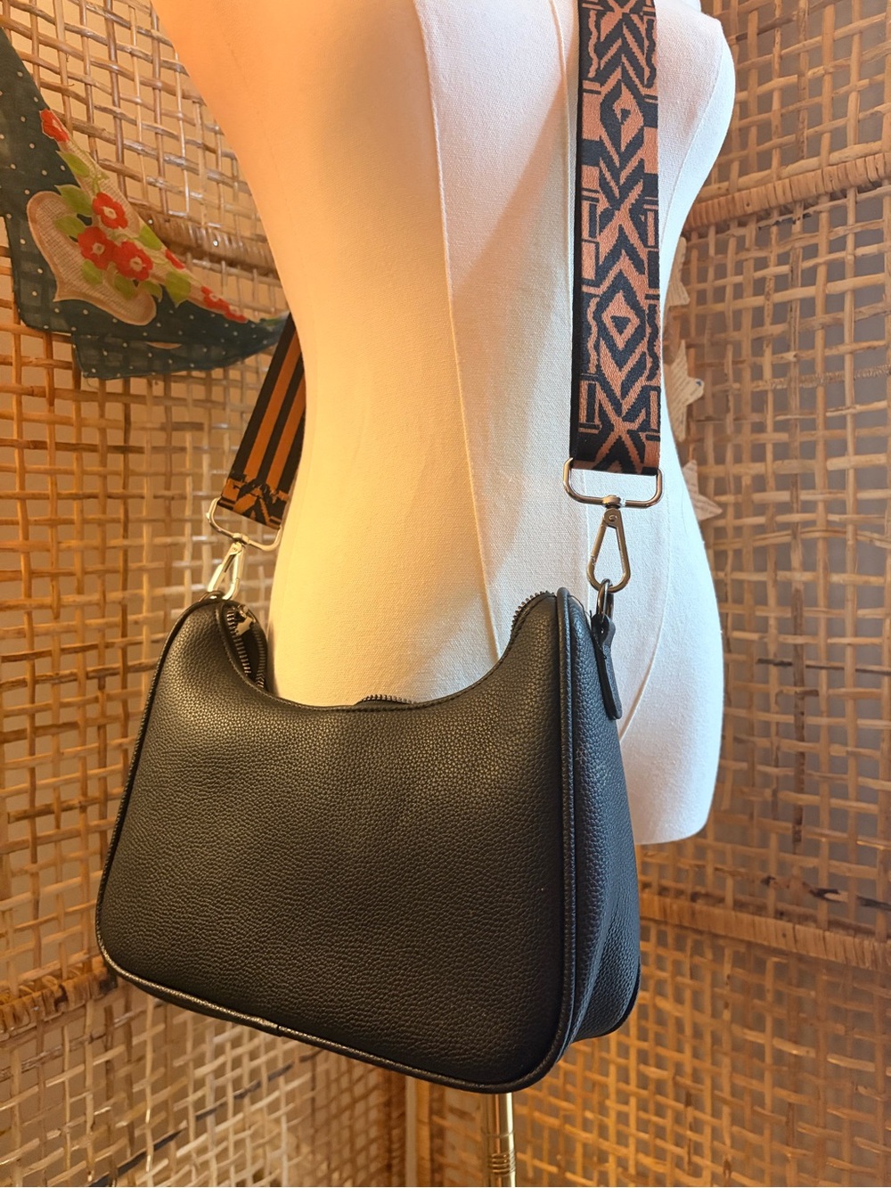 Amazon Black Pebbled Shoulder Bag with Patterned Detachable Strap